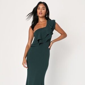 Lulus Grand Beauty Emerald Ruffled One-shoulder Mermaid Maxi Dress Green